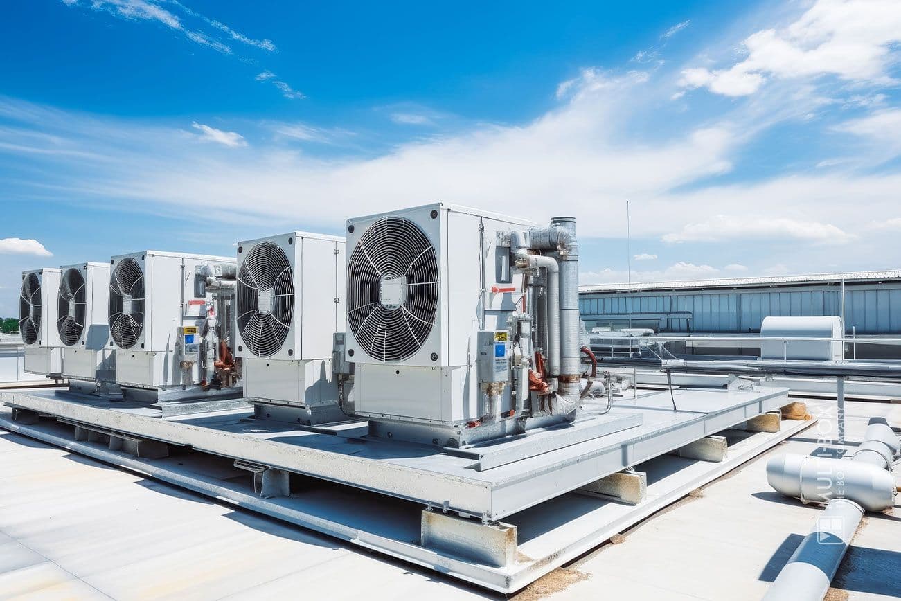 Industrial air conditioning systems on a roof, connected with pipes and ventilators under a clear sky.