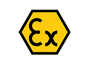 Ein gelbes sechseckiges Symbol mit schwarzen Rändern, das das "Ex"-Logo zeigt, welches für explosionsgeschützte Bereiche steht.