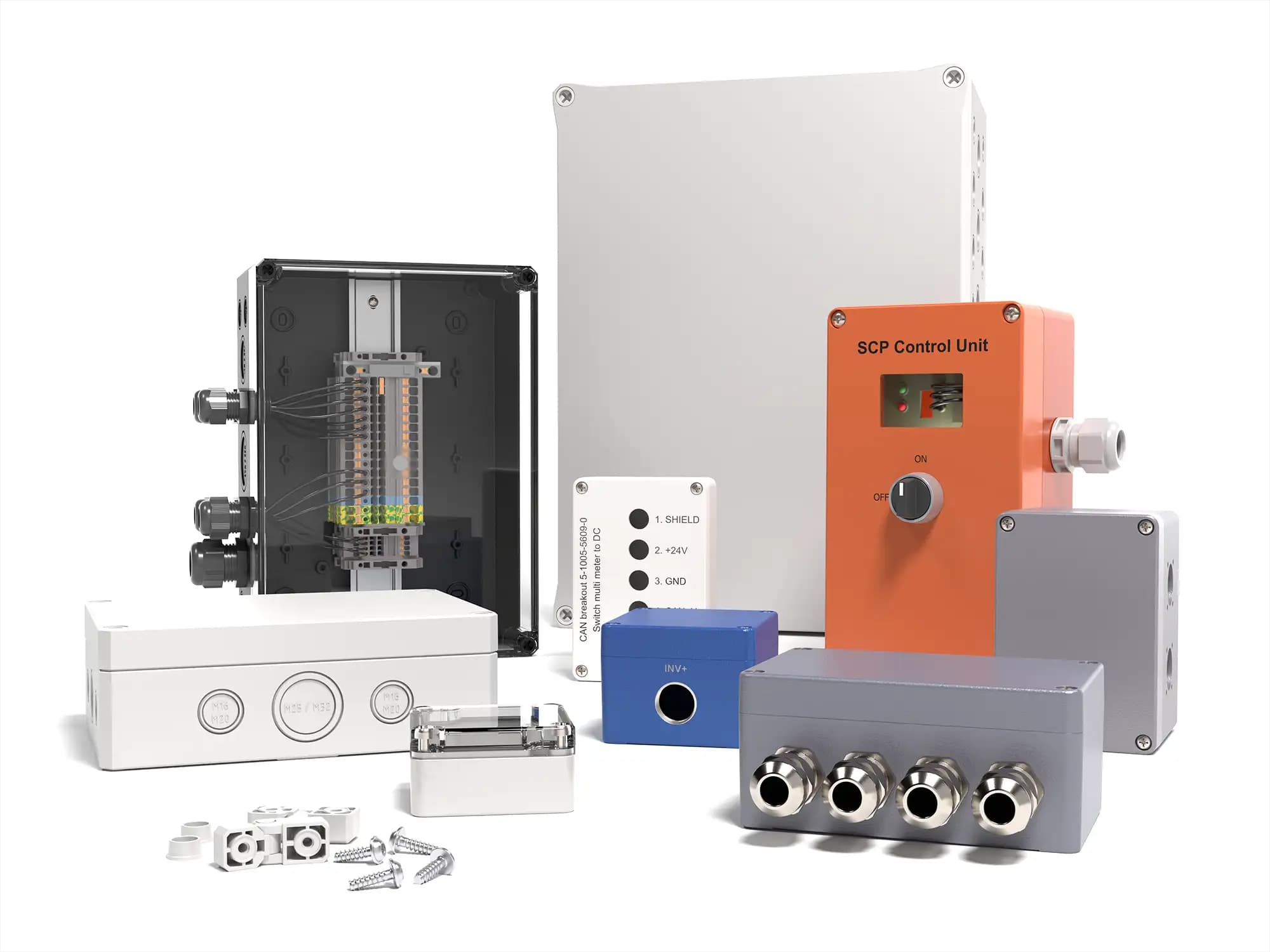 Various industrial enclosures made of plastic and aluminum, including matching accessories such as cable glands, wall brackets, mounting rails and hinges.