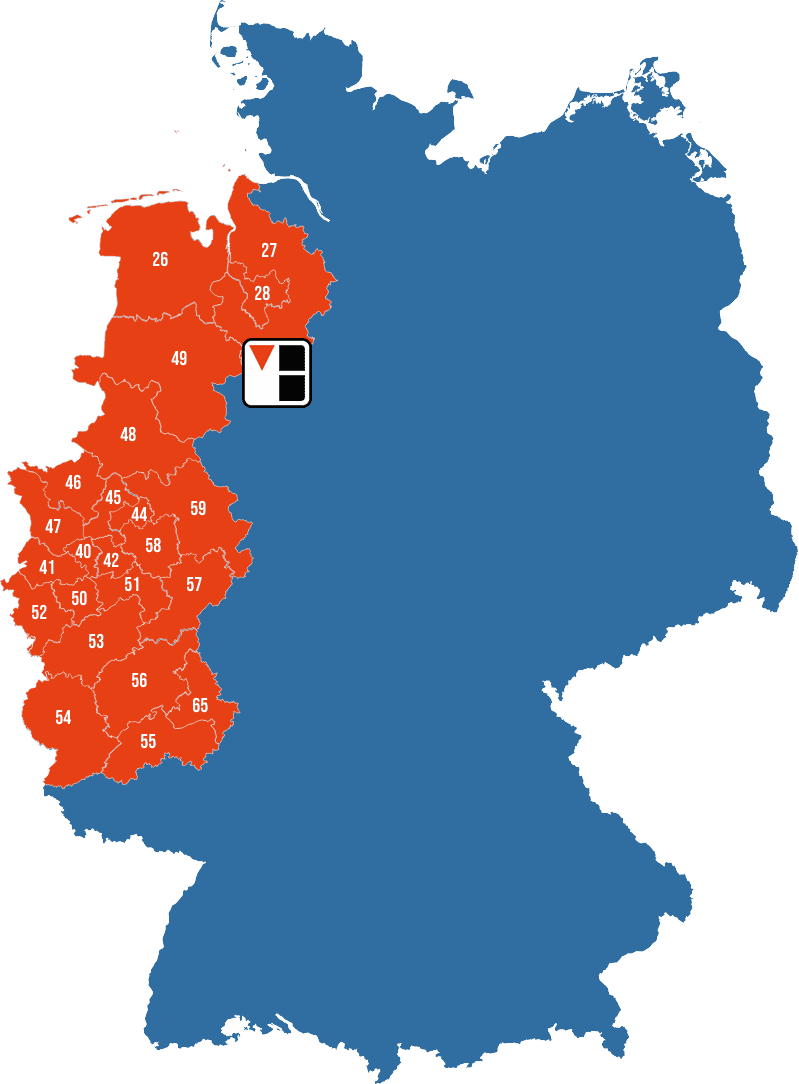 Eine Karte von Norddeutschland, die mit roten Markierungen die Postleitzahlenbereiche 26 bis 59 zeigt.