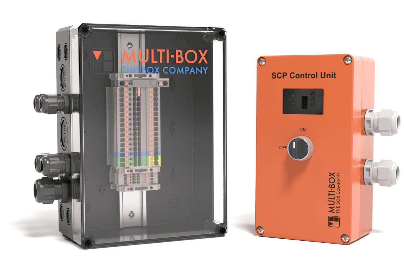 An SCP control unit and a transparent enclosure from MULTI-BOX, both equipped with cables and connections.