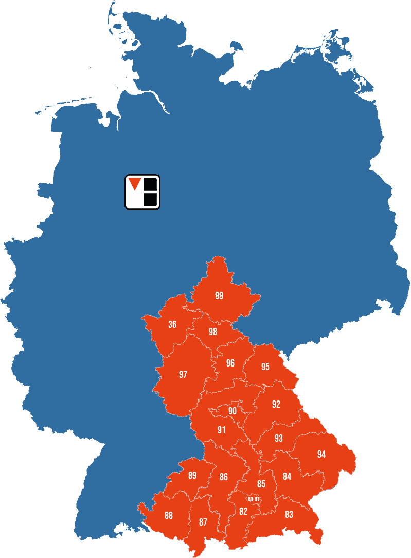 Eine Karte von Südostdeutschland, die mit roten Markierungen die Postleitzahlenbereiche 80 bis 99 zeigt.