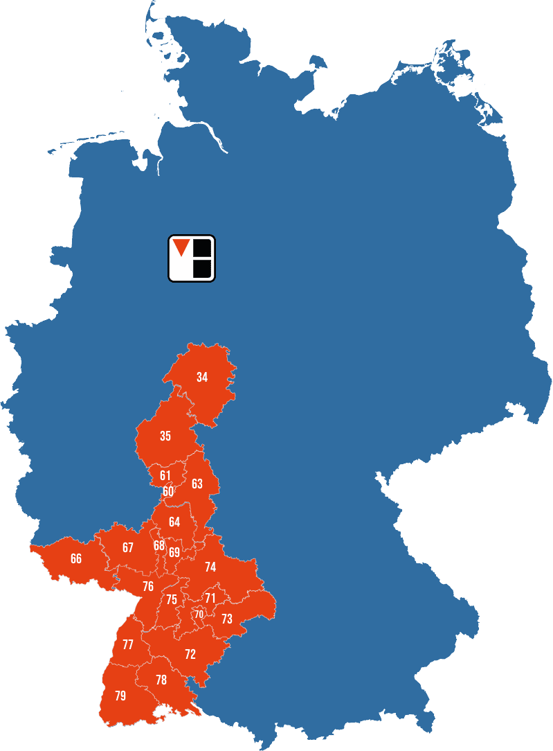 Eine Karte von Südwestdeutschland, die mit roten Markierungen die Postleitzahlenbereiche 60 bis 79 zeigt.