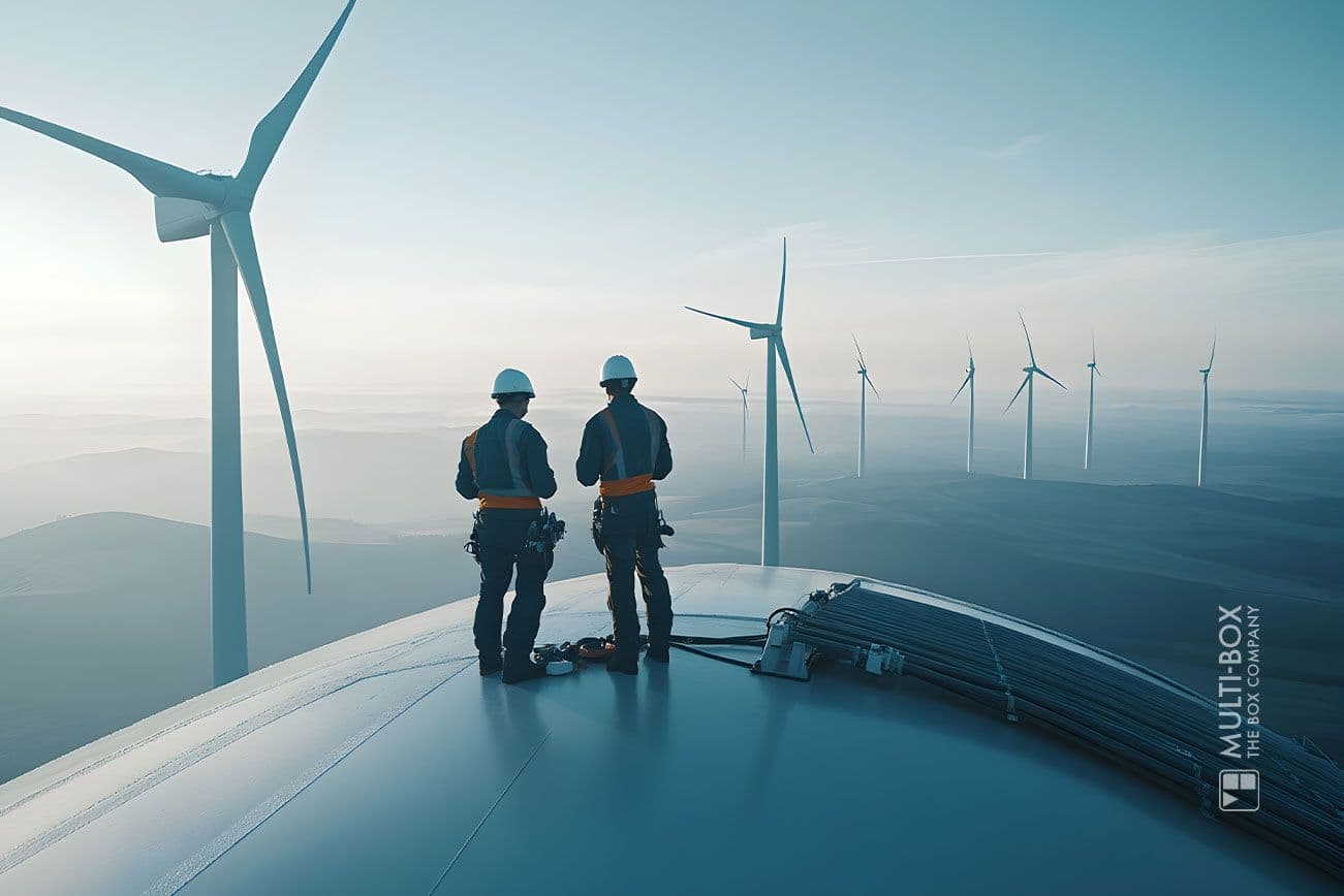 Two technicians stand on the roof of a wind turbine and look at a row of additional wind turbines in the distance.